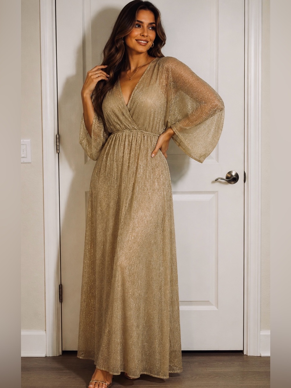 Lulus Gold Metallic Shimmer Maxi Dress Sheer Batwing Sleeves Size Small